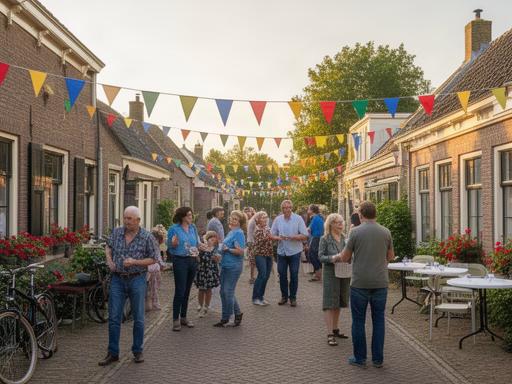 Versierde dorpsstraat met bezoekers tijdens een lokaal feest in Druten