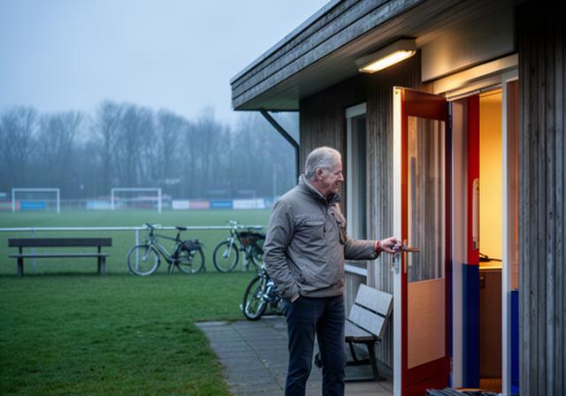 Bestuurder van een sportvereniging opent het clubgebouw in Horssen op een rustige ochtend
