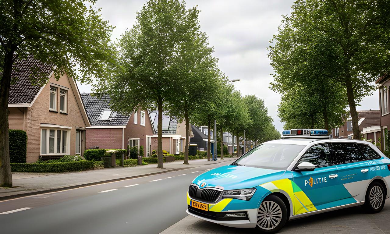 Politieauto op een rustige straat in Druten met woningen en bomen langs de weg