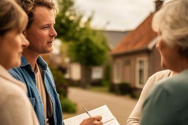Verslaggever maakt aantekeningen tijdens een gesprek met bewoners in een dorp bij Druten