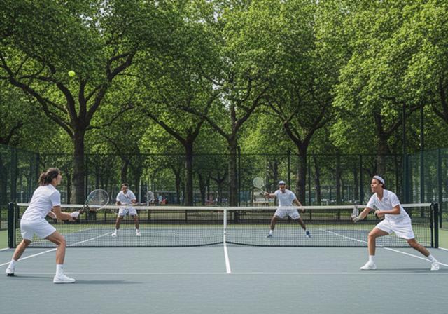 Tennissers spelen een dubbelwedstrijd op een buitenbaan met groene bomen rondom het sportpark
