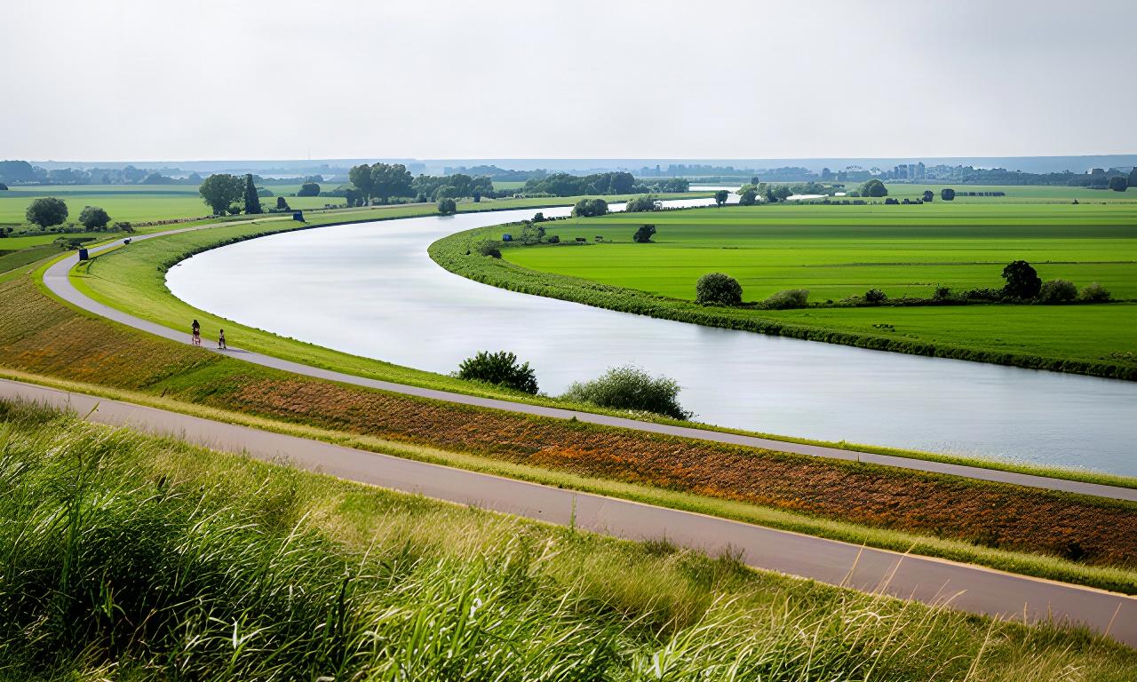 De Waal bij Druten met een groene uiterwaard, de rivierbocht en een dijkpad op de voorgrond